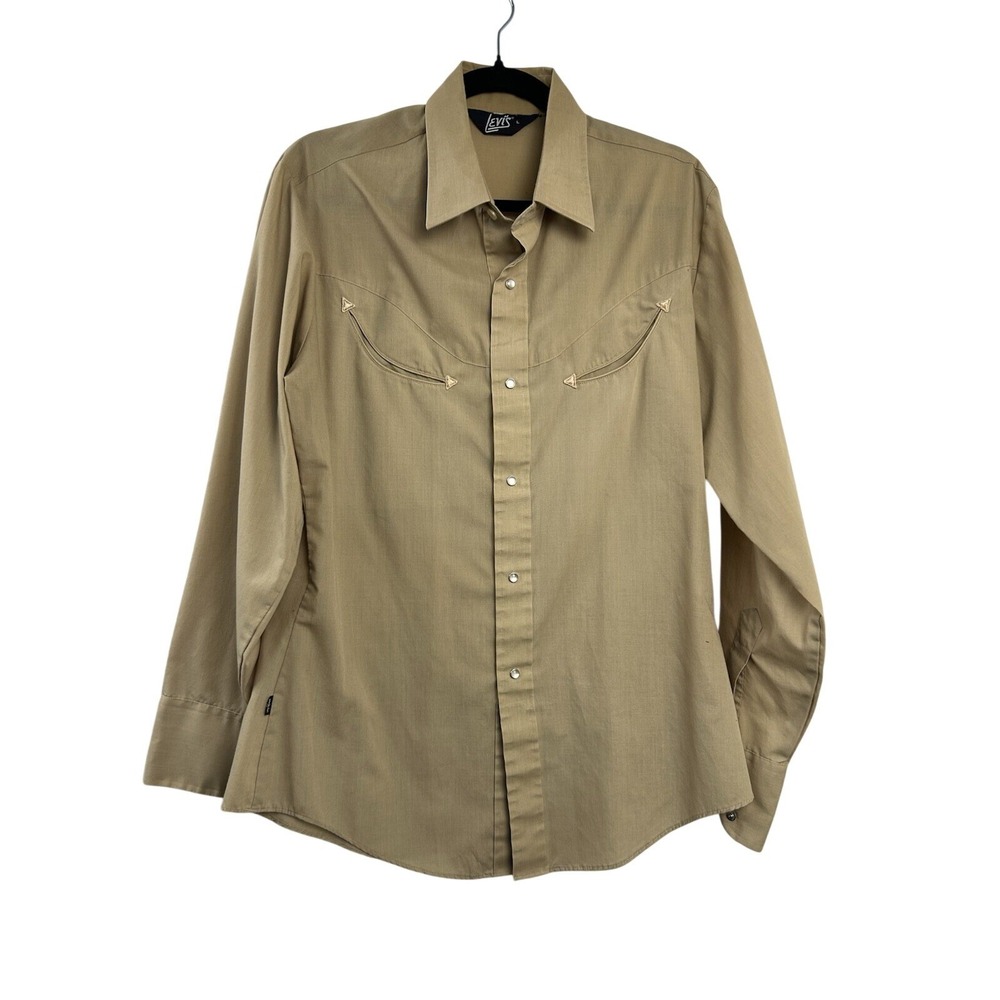 Vintage Levi's Western Shirt L Tan Pearl Snap Cowboy Rodeo Arrow Pocket